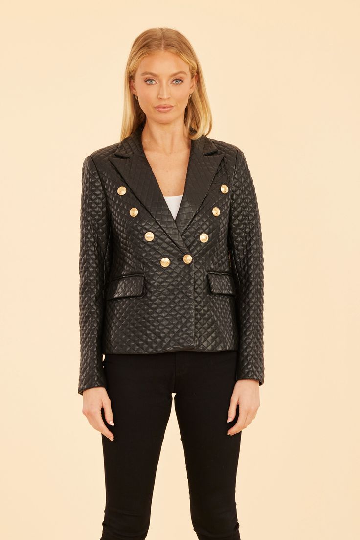 Our Quilted Faux Leather Double-Breasted Blazer is perfect for staying comfortably warm without sacrificing style during those chilly autumn days. A must-have staple for your seasonal wardrobe, this striking blazer features a classic double-breasted design accentuated with metallic buttons, as well as a flattering tailored fit. The quilted faux leather material adds texture and warmth, making it an ideal layering piece for both professional and casual settings. Faux leather Quilted design Double Elegant Quilted Outerwear For Work, Elegant Quilted Outerwear For Office, Formal Winter Leather Jacket With Double-breasted Buttons, Chic Winter Leather Jacket With Double-breasted Button, Chic Leather Blazer With Snap Buttons, Luxury Fall Blazer With Button Closure, Winter Business Leather Jacket With Double-breasted Fastening, Elegant Winter Leather Jacket With Double-breasted Fastening, Fall Outerwear For Night Out With Double-breasted Buttons