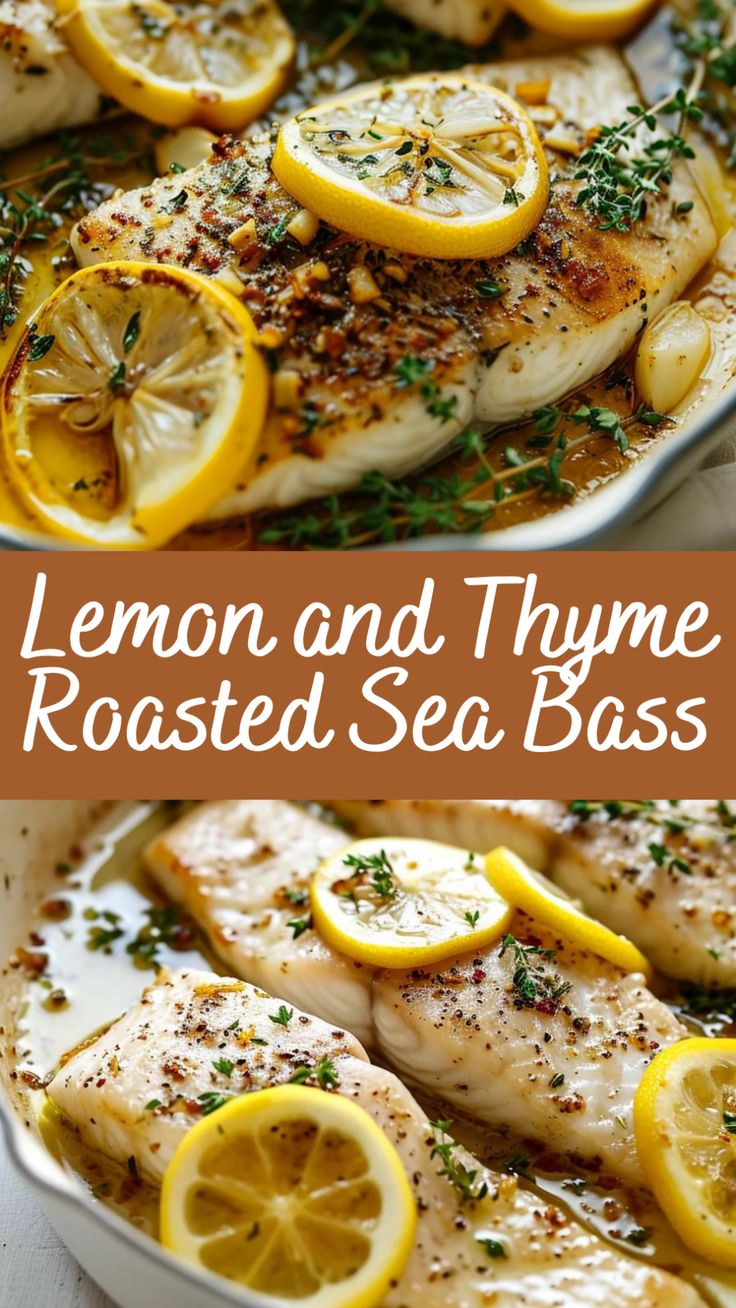 lemon and thyme roasted sea bass in a white dish