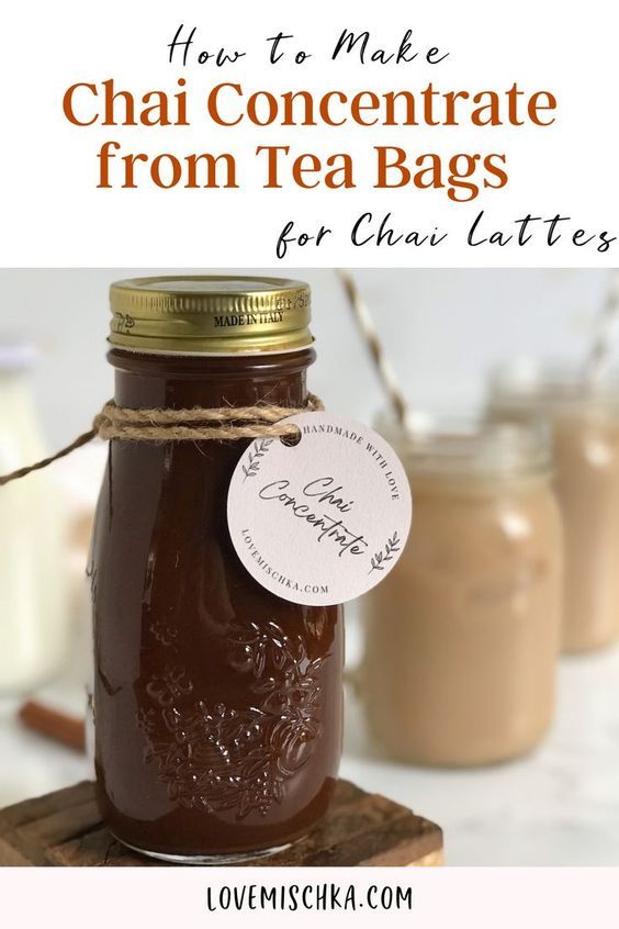 a jar filled with chocolate chipped chai concentrate from tea bags