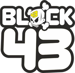 a black and white logo with a skull on the bottom right hand corner that says, block 4