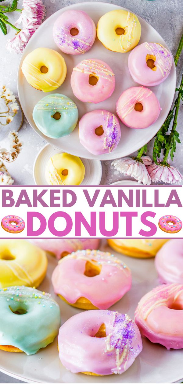 baked vanilla doughnuts with sprinkles on them and flowers in the background