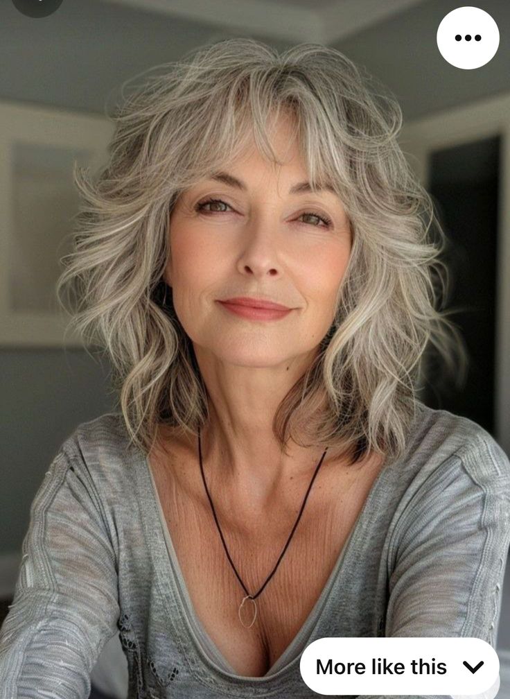 Textured Bob Hairstyles For Fine Hair, Hairstyles For Fine Hair Medium, Hairstyles Over 60 Older Women New Looks, Medium Layered Hair With Bangs, Sassy Hair Older Women, Gray Shag, Haircut Gray Hair, Gray Hairstyles, Long Shag