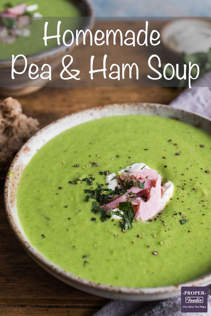 a bowl filled with green pea and ham soup