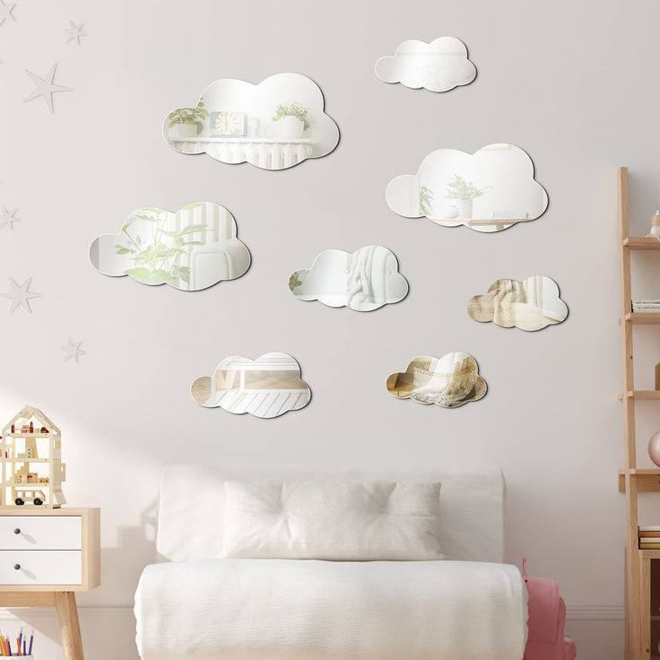 PRICES MAY VARY. Various Sizes: these cloud wall decors have 4 kinds of sizes, they measure respectively approx. 28 x 18 cm/ 11.02 x 7.09 inches, 25 x 15 cm/ 9.84 x 5.91 inches, 16 x 9 cm/ 6.3 x 3.54 inches, 11.5 x 7.5 cm/ 4.53 x 2.95 inches respectively, can be applied for multiple occasions Use with Confidence: 3D cloud wall decals are made of quality acrylic material, reliable and sturdy, will not tear or break easily, and they won't scratch your skin, you can use them to decorate your room w Lounge Waiting Area, Rainbow Montessori, Adventure Awaits Nursery, Playroom/living Room, Comfy Furniture, Cloud Decal, Cloud Wall Decal, Cloud Mirror, Shape Mirror