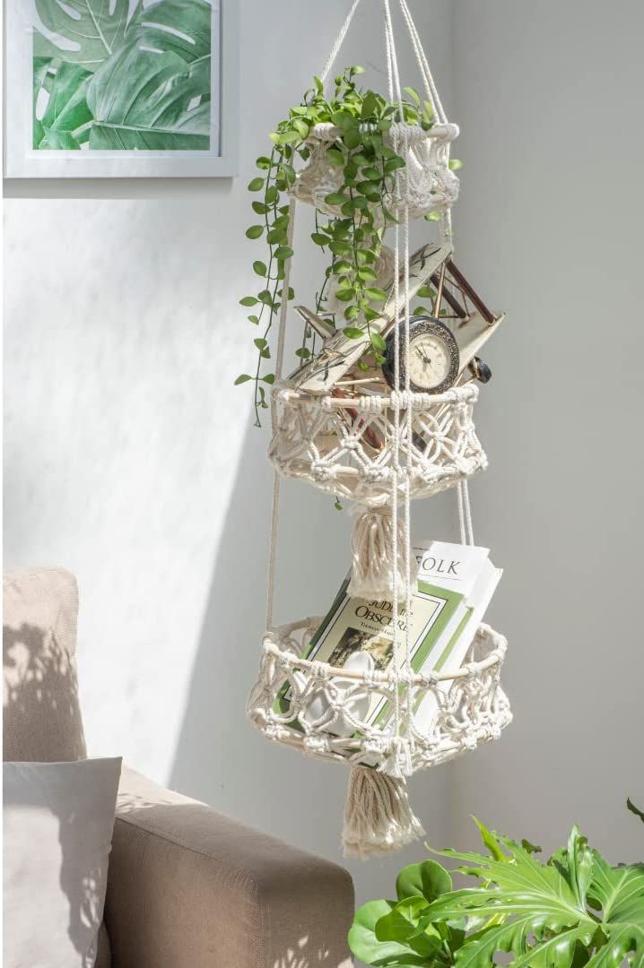 a hanging planter filled with books and plants next to a couch in a living room