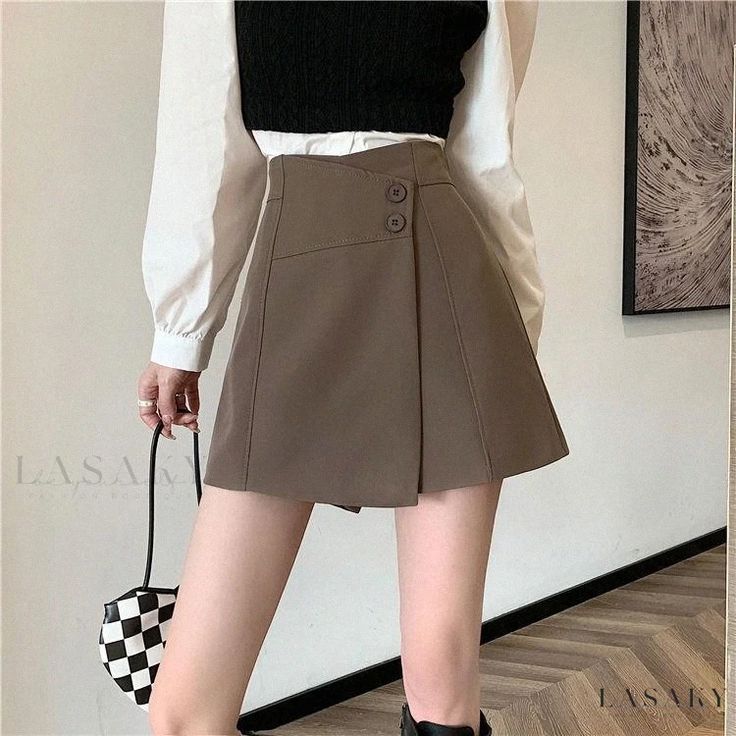 Lasaky - High-waist Wide Leg Shorts with Skirt Overlay - Front Skirt, Back Shorts - Midi Skirt Short Pollera, Western Suits, High Waist Short, Zipper Skirt, Spring Shorts, Shorts Skirts, Black Streetwear, Fashion Korean, Skorts