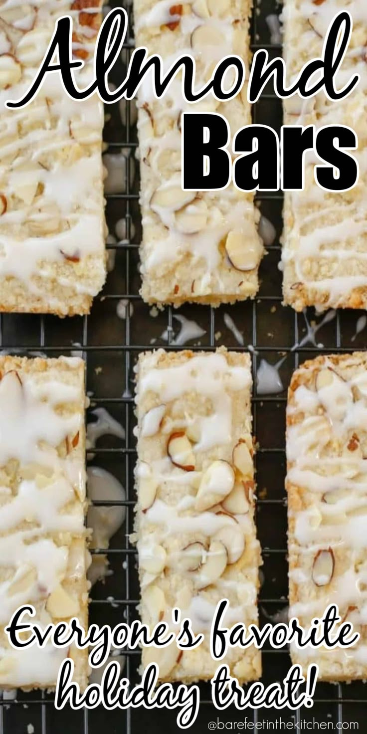 almond bars on a cooling rack with the words, everyone's favorite holiday treat