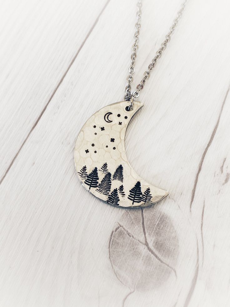 Ellie B's Creations - Crescent Moon Necklace - Silver Trees and Stars Necklace - Hand Stamped Nature Necklace - Moon and Trees Pendant Handmade Moon Shaped Nature-inspired Necklace, Nature-inspired Moon Charm Jewelry As A Gift, Artisan Jewelry With Moon Charm As Gift, Artisan Jewelry With Moon Charm For Gift, Everyday Handmade Crescent Jewelry, Bohemian Hand Stamped Necklace Gift, Handmade Adjustable Moon Necklace, Bohemian Hand Stamped Necklace For Gift, Handmade Artisan Moon-shaped Jewelry