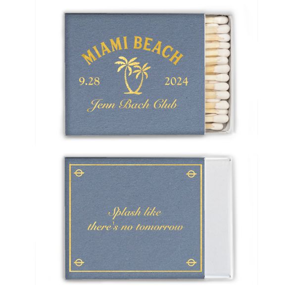 two matches are next to each other with the words miami beach written on them in gold and blue