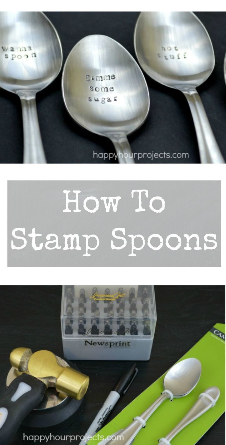 four spoons with the words how to stamp spoons on them