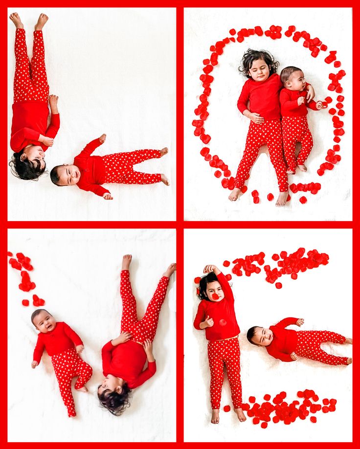 two children laying on the floor with hearts in the shape of letters spelling out love