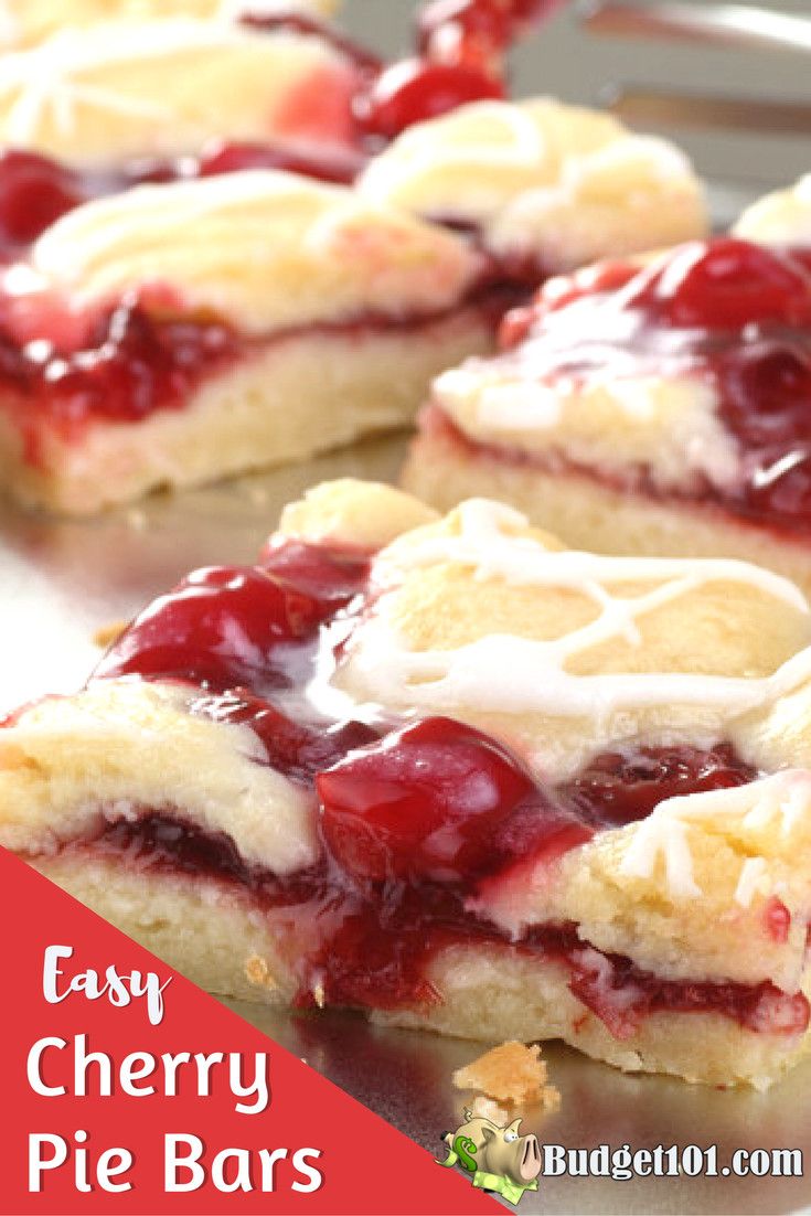 easy cherry pie bars on a baking sheet with text overlay that reads easy cherry pie bars