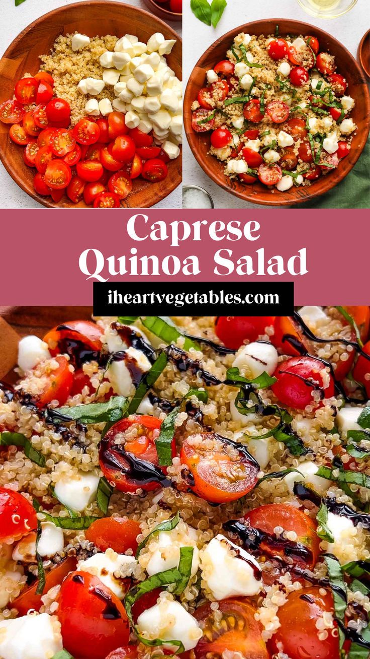 a collage of photos showing different types of food and the words caprese quinoa salad