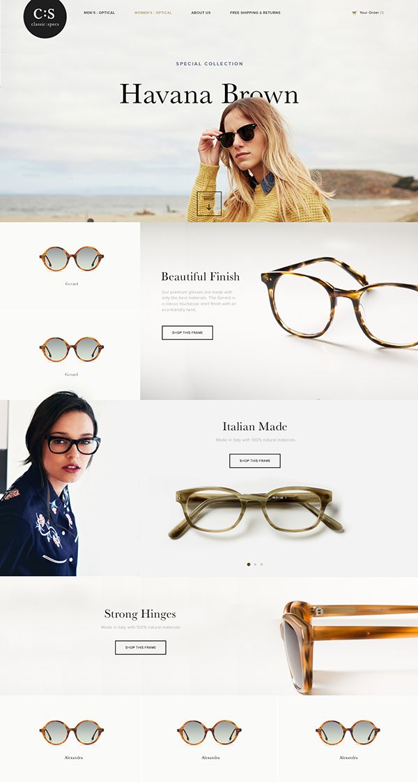 the website is designed to look like it has many different glasses on display, including one with