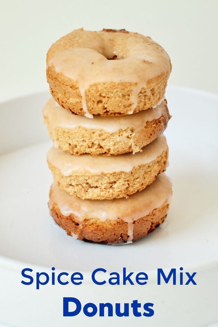 stack of 4 glazed spice cake mix donuts Easy Spice Cake, Cake Mix Donuts Recipe, Homemade Spice Cake, Cake Mix Donuts, Donut Baking Pan, Cake Donuts Recipe, Easy To Bake, Homemade Donuts Recipe, Easy Donuts