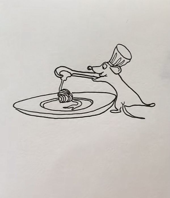 a drawing of a dog drinking water from a faucet on a plate that has been drawn by someone