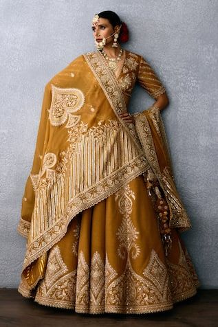 Ochre lehenga with zardozi, sequin, thread embroidery in floral pattern. Paired with plunge V neck embroidered blouse and cutwork border embroidered dupatta. - Aza Fashions Torani Lehenga, Indian Lengas, Studio 149, Brother Wedding, Embroidery Zardozi, Sari Lehenga, Elegant Fashion Outfits, Ghaghra Choli, Wedding Lehenga Designs