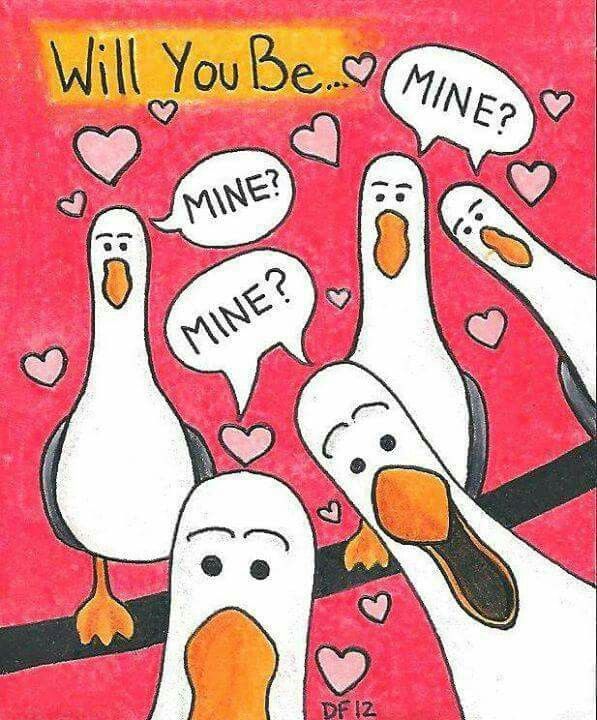 three ducks are sitting on a branch with hearts around them and the words will you be mine?