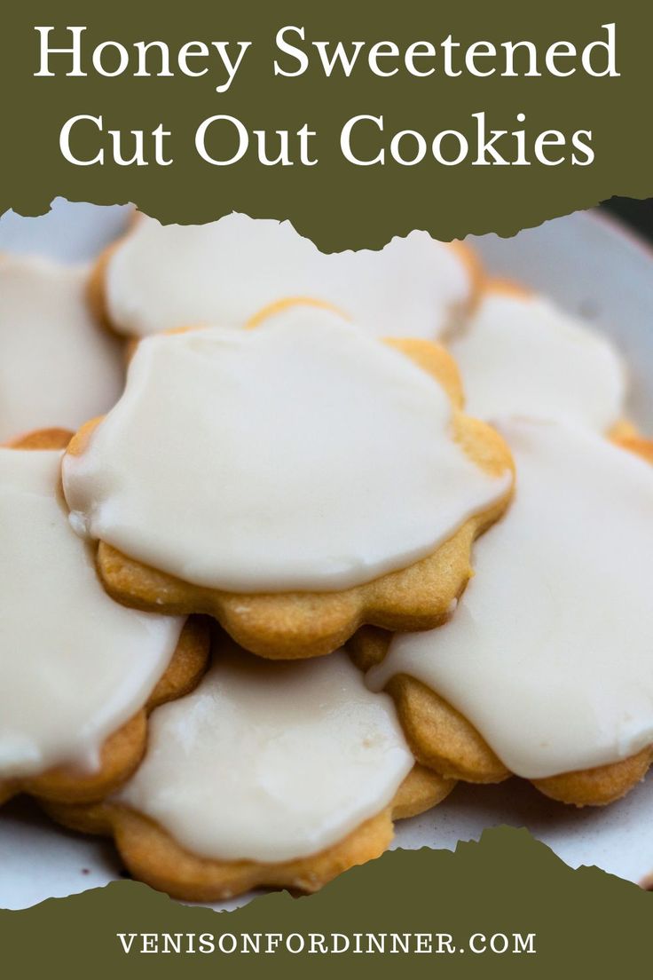 honey sweetened cut out cookies with icing on a white plate and green background