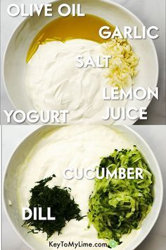 the ingredients to make homemade yogurt and cucumber dip are shown in separate bowls