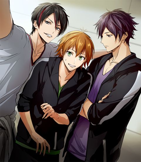 three young men standing next to each other with their arms around one's chest