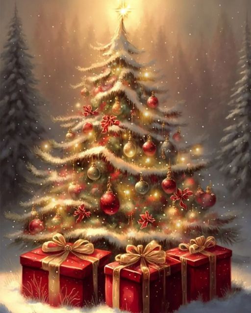 a painting of a christmas tree with presents under it