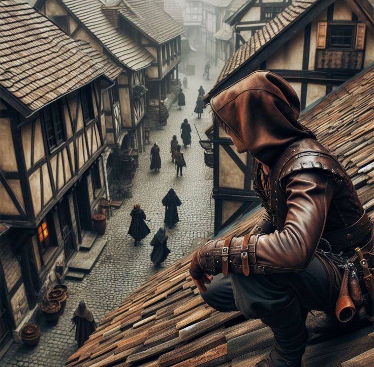 a man sitting on top of a roof in front of some buildings and looking down at the street