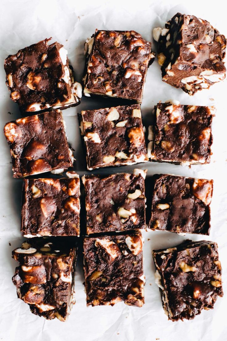 chocolate brownies with nuts and marshmallows cut into squares