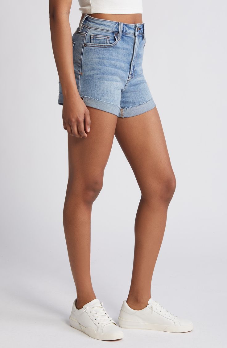 Enjoy the sunshine in stretch-denim shorts fashioned with a high waist and cuffed raw hems for a casual-cool feel. 4" inseam; 11 1/2" front rise Zip fly with button closure Five-pocket style 93% cotton, 5% polyester, 2% spandex Machine wash, tumble dry Imported Stretch Denim Shorts, Mom Shorts, High Waisted Shorts Denim, High Waisted Denim, High Waist Jeans, Stretch Denim, Denim Shorts, Classic Style, Nordstrom