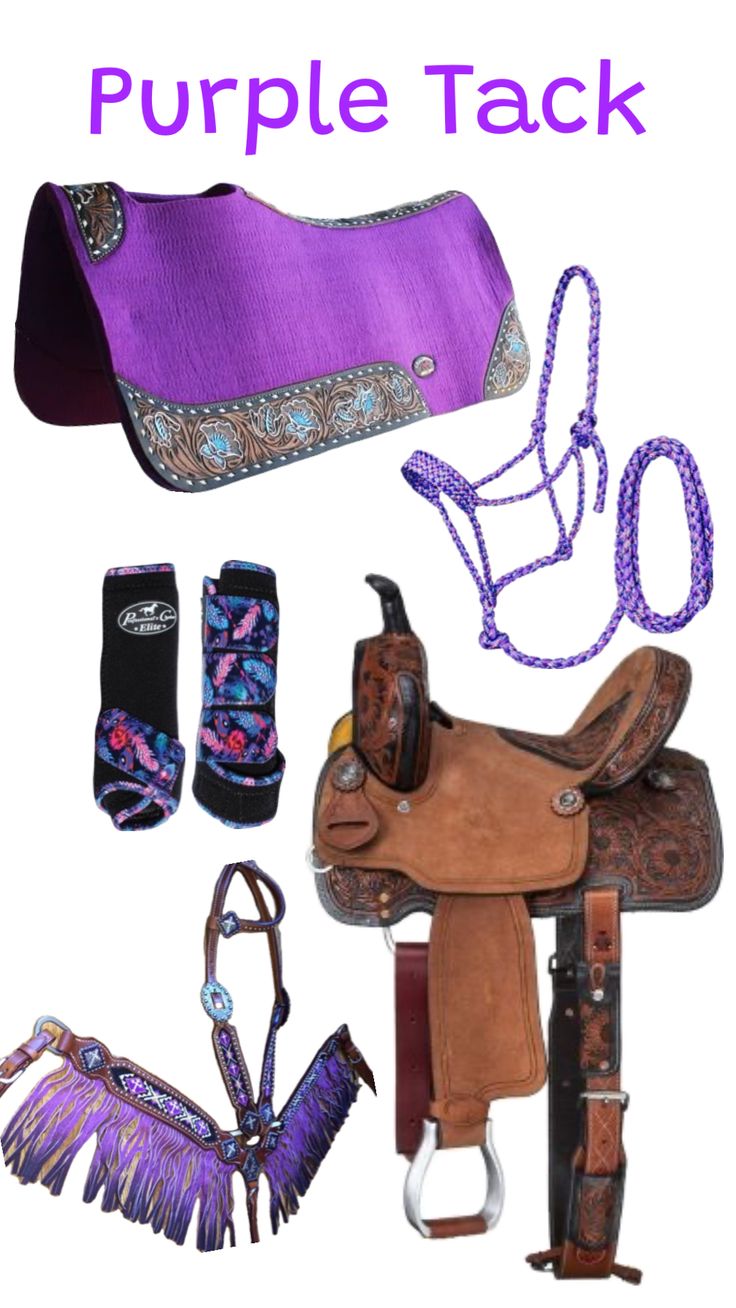 purple tack and accessories are shown with the words purple tack on it, along with an image of a horse's bridle