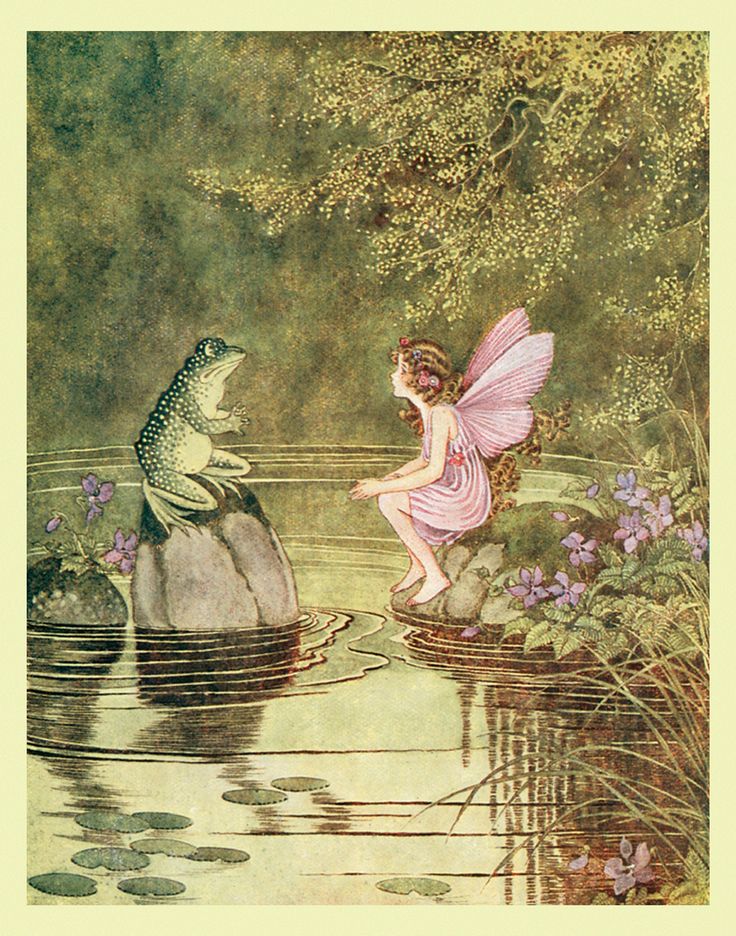 a fairy sitting on top of a rock next to a frog in the water with lily pads