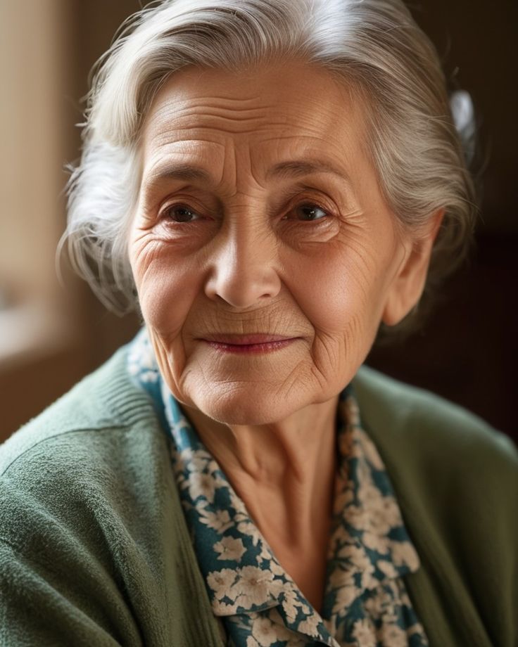 an older woman with grey hair and green cardigan looking at the camera, smiling