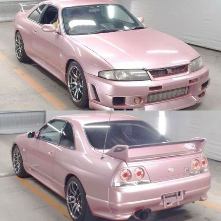 two pictures of the same pink car in different stages of being painted to look like it is