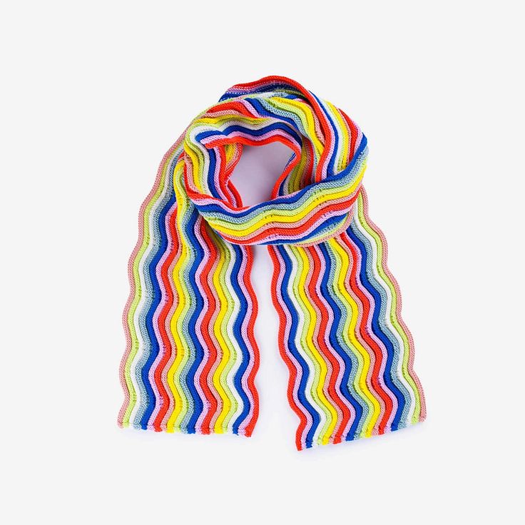 a multicolored striped scarf on a white background with the colors of rainbows and blue