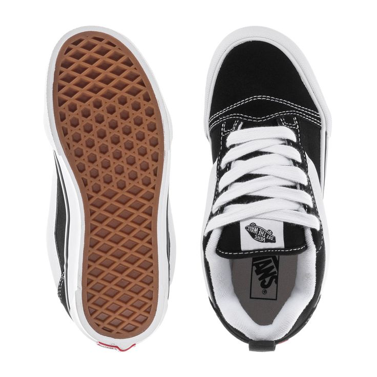 The Vans Knu Skool Kids Sneakers have a 90s vibe Vans breathed new life into, complete with a low profile and chunky laces. The heel pull tab will help your youngster put these on with the greatest of ease. Plus, with their rubber waffle outsole, you'll be ready to take on that half pipe. Lace-up. Upper: Suede. Outsole: Rubber. Outsole has waffle pattern, excellent for skating. Heel pull tabs. Puffy 3D molded sidestripe. Low-top. Elastic Lace-up Skate Shoes For Skateboarding, Vans Black Skate Shoes With Laces, Sporty Skate Shoes With Elastic Laces For Skateboarding, Vans Urban Lace-up Skate Shoes, Urban Vans Lace-up Skate Shoes, Urban Mid-top Skate Shoes With Laces, Urban Style Lace-up Vans Skate Shoes, Sporty Sneakers With Elastic Laces For Skateboarding, Elastic Lace Skate Shoes For Skateboarding