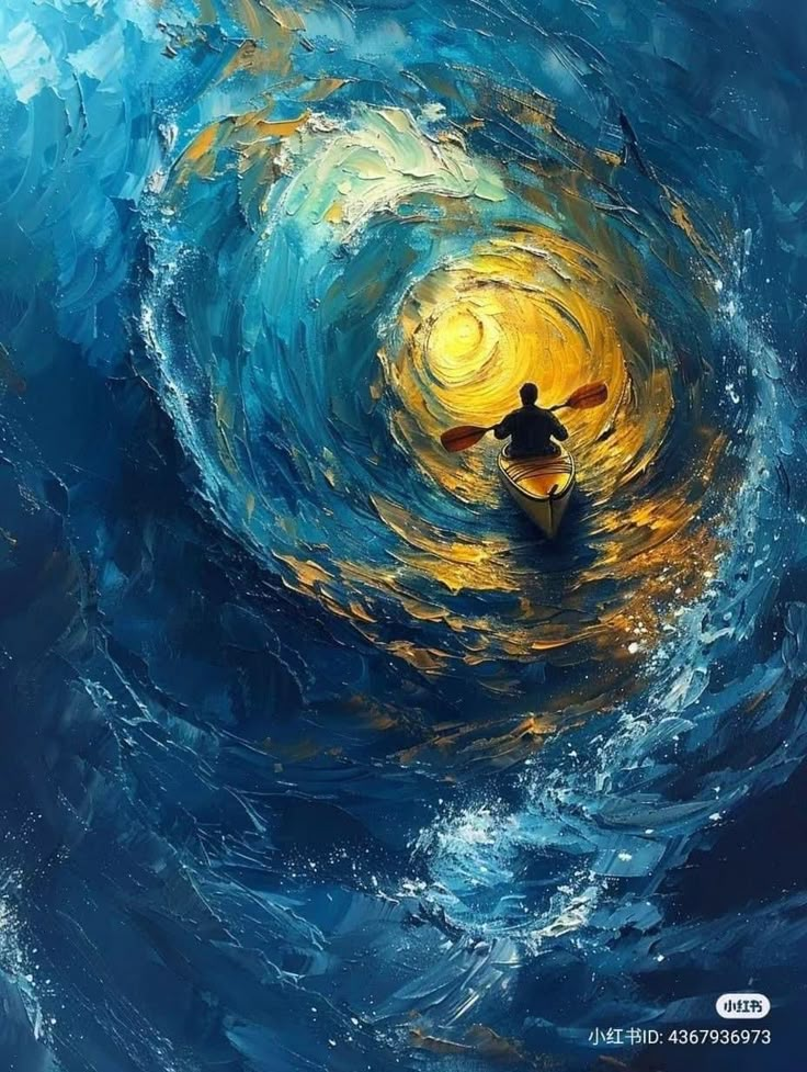 a painting of a man in a kayak riding through a large blue ocean wave