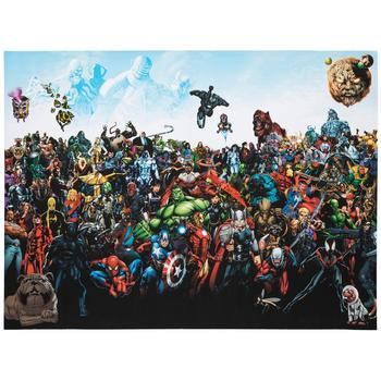 a large group of superheros are in the middle of a painting with many different colors and sizes