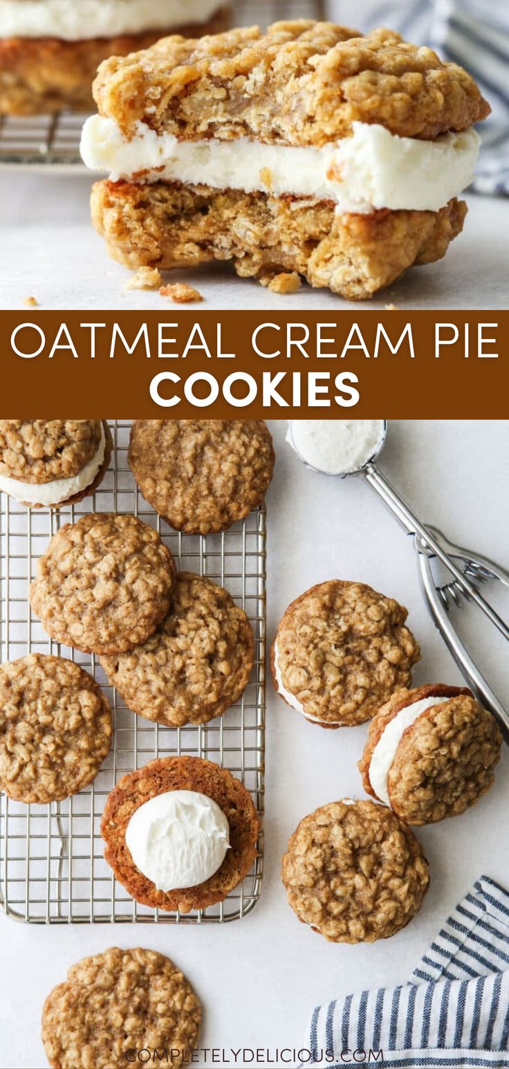 oatmeal cream pie cookies on a cooling rack with the rest of the cookies