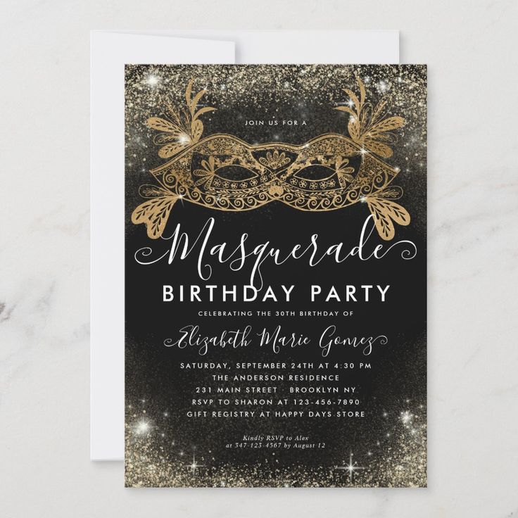 a masquerade birthday party with gold glitter and masks on the front, black background