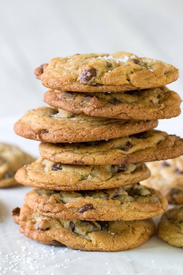 chocolate chip cookies stacked on top of each other