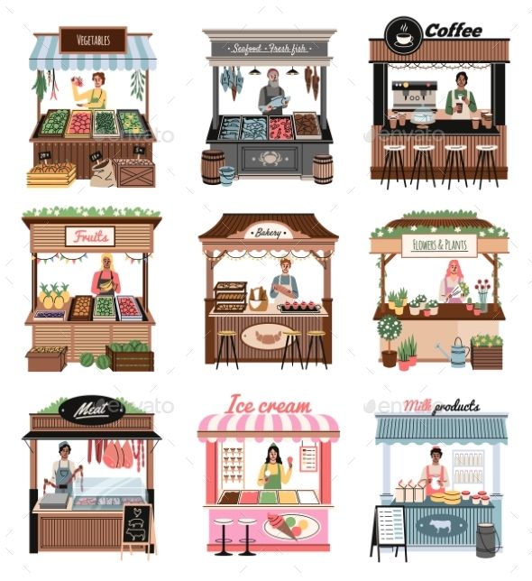 Shop Booth Fruit Stall Drawing, Bloxburg Market Stall, Market Stall Drawing, Milk Shop Design Ideas, Bazaar Booth Ideas, Stall Illustration, Stalls Design, Creative Booth Design, Market Stall Ideas