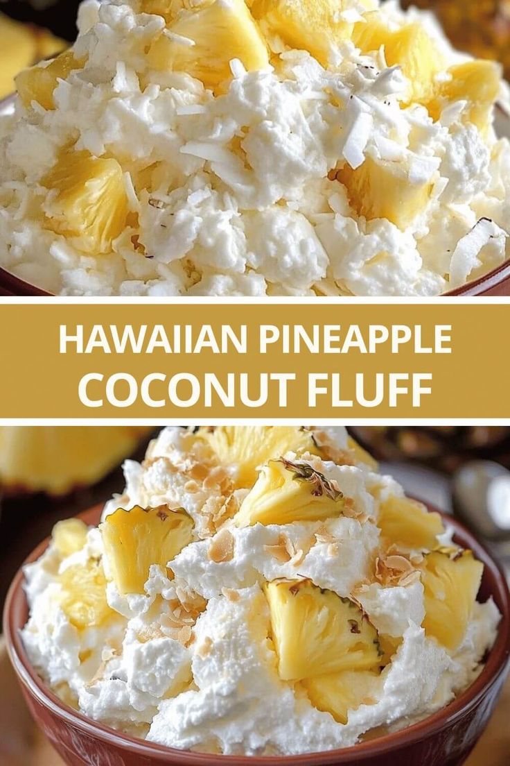 hawaiian pineapple coconut fluff in a bowl with the text overlay above it