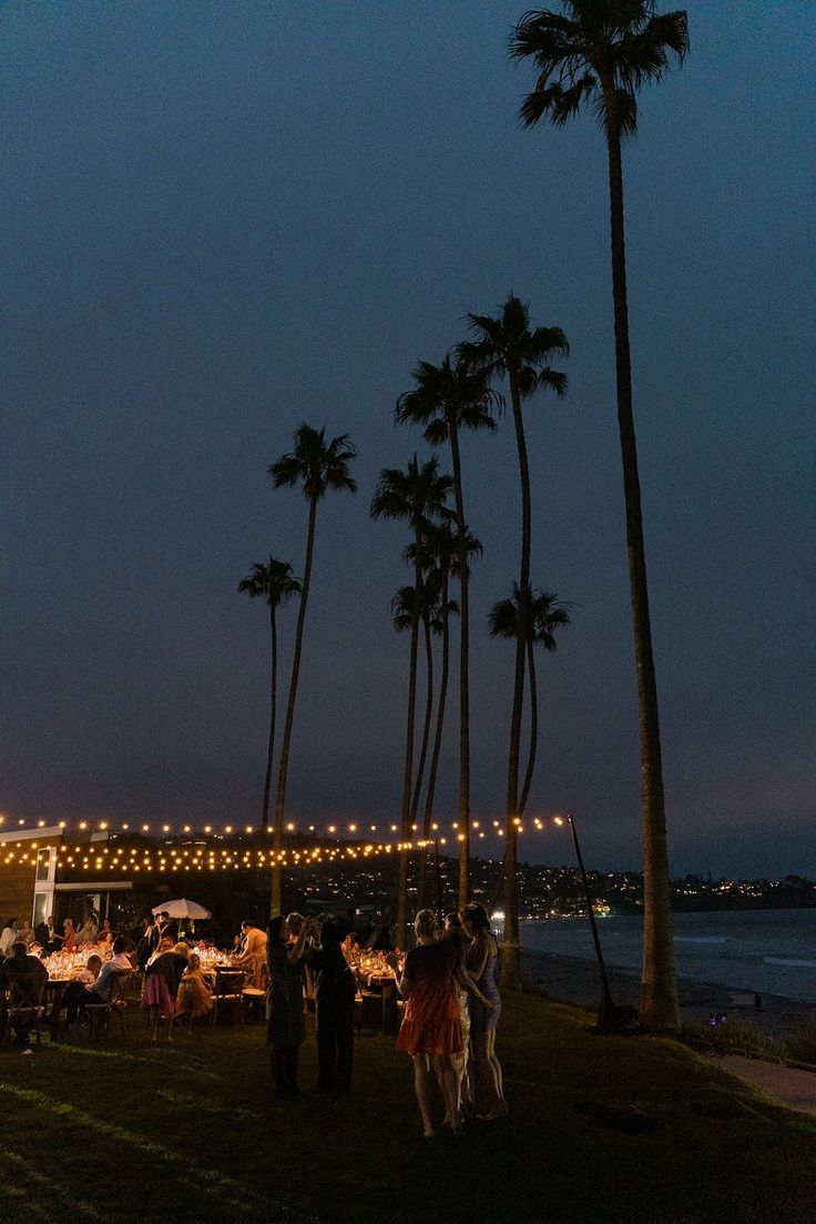 people are standing in the grass near palm trees at night with string lights strung over them