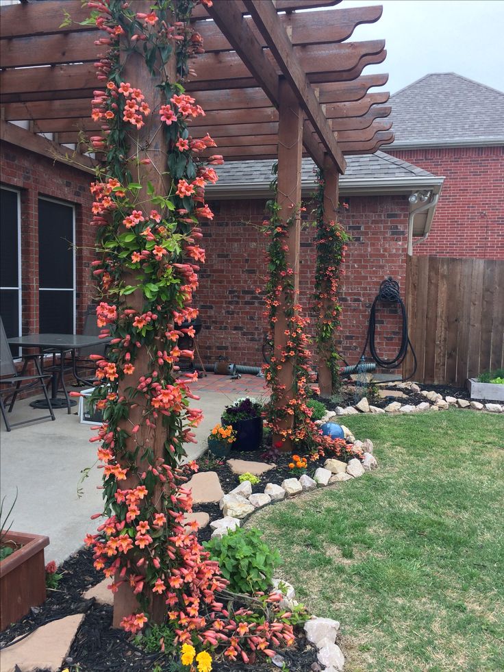 an outdoor covered patio with flowers growing on it