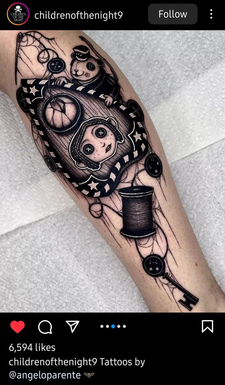 a black and white tattoo with an image of a cat in a hat on the arm