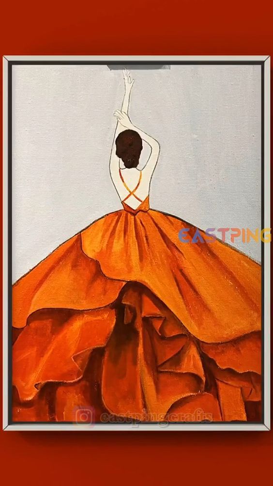 a painting of a woman in an orange dress standing on top of a rock formation