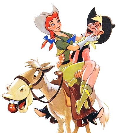 an image of a man riding on the back of a horse next to a woman