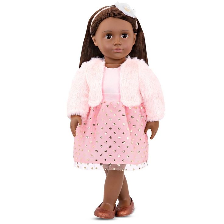 the doll is wearing a pink dress and jacket