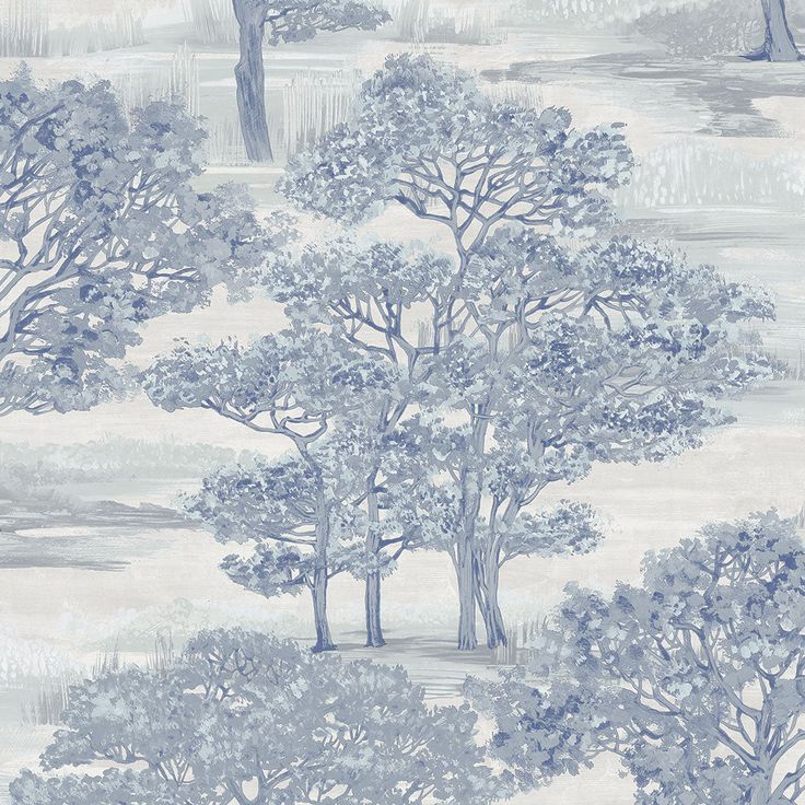 a blue and white wallpaper with trees on it