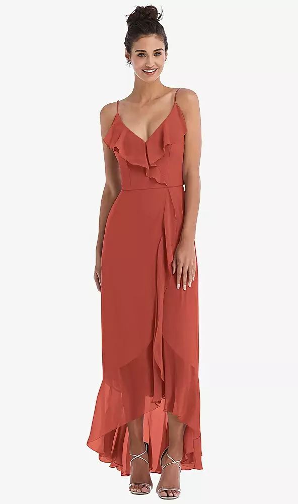 Ruffle-trimmed V-neck High Low Wrap Bridesmaid Dress In Amber Sunset | The Dessy Group Elegant Summer Chiffon Bridesmaid Dress, Elegant Chiffon Bridesmaid Maxi Dress, Elegant Maxi Length Chiffon Dress, Chic Maxi Length Chiffon Prom Dress, Chic Maxi Length Chiffon Dress For Prom, Elegant Maxi Chiffon Dress For Prom, Elegant Flowy Chiffon Bridesmaid Dress, Elegant Chiffon Maxi Dress For Prom Season, Formal Chiffon Maxi Bridesmaid Dress